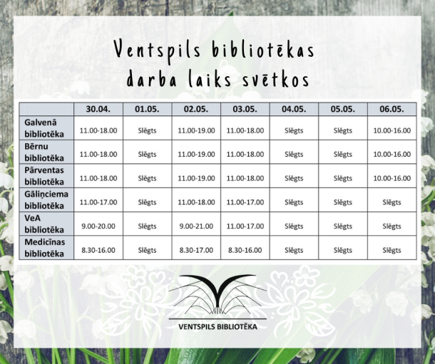 Ventspils bibliotēkas darba laiks maija svētkos